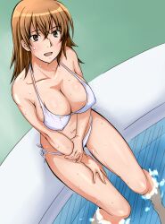 10s 1girls 2013 bare_legs bare_shoulders bikini blush breasts brown_eyes brown_hair collarbone female hi_res large_breasts looking_at_viewer matching_hair/eyes mature mature_female medium_hair midriff milf misaka_misuzu navel open_mouth partially_submerged pool senga81 sitting solo swimsuit thighs to_aru_kagaku_no_railgun to_aru_majutsu_no_index water wet white_bikini white_swimsuit