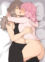 2girls absurdres ass bed biceps black_pants black_sports_bra blush boob_press bottomless french_kiss grey_hair heart highres honkai:_star_rail honkai_(series) hood hoodie hug hugging kissing legs_around_partner long_hair march_7th_(honkai:_star_rail) medium_hair multiple_girls open_eyes pants pillow pink_hair pink_hoodie soulnark sports_bra stelle_(honkai:_star_rail) thigh_grinding thigh_riding yellow_eyes yuri