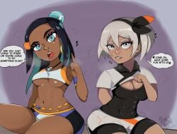 2girls amoral_sociedad artist_signature bea_(pokemon) black_hair blue_eyes cleavage dark-skinned_female english_text female female_only game_freak gray_eyes gray_hair human long_hair multiple_girls navel nessa_(pokemon) pokemon pokemon_ss short_hair shorts simple_background text