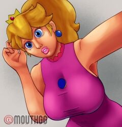 1girl 1girls armpits arms_up blonde_hair blue_eyes censored crown dress earrings female female_only light-skinned_female light_skin looking_at_viewer mario_(series) mario_tennis mouthgg nintendo pink_dress pink_lipstick ponytail princess princess_peach selfie short_hair simple_background sleeveless sleeveless_dress solo staring_at_viewer tied_hair tight_clothing