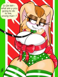 1girls anthro arms_tied bedroom_eyes belly big_breasts biting_lip blush bomba_world12 bound breasts bunny christmas christmas_clothing chubby_female cleavage cleavage_overflow clothed collar female footwear holidays huge_breasts lagomorph leash leash_and_collar legwear living_gift mature_female milf overweight_female rabbit ribbon sega slightly_chubby socks solo solo_female sonic_(series) sonic_the_hedgehog_(series) steamy_breath tan_body thick_thighs thigh_highs tied tummy underboob vanilla_the_rabbit