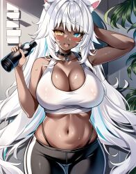 1girls ai_generated blush bottle cat_ears cat_tail catgirl dark-skinned_female dark_skin facial_markings final_fantasy final_fantasy_xiv large_breasts long_hair miqo'te miyuki_mochizuki nai_diffusion necklace smile stable_diffusion sweat sweatdrop sweaty_breasts voluptuous water_bottle white_hair yoga_pants