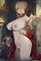 blonde_hair breasts cleavage closed_mouth fate/extra fate_(series) female female_pubic_hair flower from_side hair_ornament hair_ribbon hand_on_own_hip highres large_breasts long_sleeves misaka_12003-gou navel nero_claudius_(fate) nero_claudius_(fate/extra) nipples pubic_hair pussy red_ribbon ribbon solo stomach thighs twitter_username