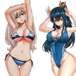 2girls big_breasts blonde_hair blue_eyes blue_hair breasts edens_zero female female_only girls hands_on_head hiro_mashima homura_kogetsu long_hair mashima_hiro mole mole_under_eye official_art rebecca_bluegarden red_eyes ribbon smile smiling smiling_at_viewer swimsuit swimwear tagme