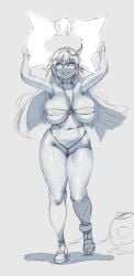 bikini cowboy_shot greyscale guilty_gear hands_over_head huge_breasts jack-o'_valentine makinakid monochrome