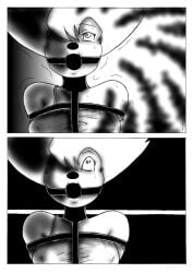 animate_inanimate asphyxiation ball_gag black_and_white choking comic comic_page gag gagged latex latex_hood living_clothes living_latex no_text peg_pete roxanne_(goof_troop) sweating tagme tearing_up