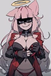 1girls ai_generated black_clothing breast_grab breasts claws dedny_(huesosdry) female female_focus female_only halo helltaker huesosdry long_hair original_character panties pink_hair red_clothing smile style_imitation tagme