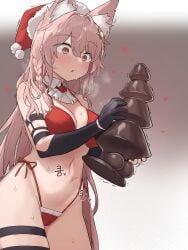 absurdres animal_ear_fluff animal_ears arknights bikini black_gloves blush braid breasts christmas christmas_tree cleavage cowboy_shot dildo elbow_gloves female gloves groin hair_between_eyes hair_ornament hat heart highres holding holding_sex_toy large_breasts manglifer navel paid_reward_available pink_eyes pink_hair pozyomka_(arknights) red_bikini santa_bikini santa_hat sex_toy simple_background solo swimsuit wolf_ears wolf_girl