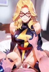 1boy 1girls ai_generated blonde_hair breast_grab carol_danvers cowgirl_position cowgirl_position cum_in_pussy cum_in_pussy cum_inside grabbing_another's_breast leotard looking_pleasured marvel marvel_comics ms._marvel_(carol_danvers) pov sex superheroine thighs tittyg-ai vaginal_penetration