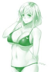 1girls 2017 artist_signature bikini blush green_theme looking_at_viewer lulu-chan92 medium_breasts midriff monochrome navel original original_character short_hair thong white_background