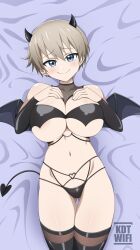 1girls blue_eyes breasts cosplay female grey_hair huge_breasts kdtwifi light-skinned_female light_skin lying_on_back short_hair smile succubus succubus_costume tail_accessory thick_thighs thigh_gap thighs uzaki-chan_wa_asobitai! uzaki_hana wings