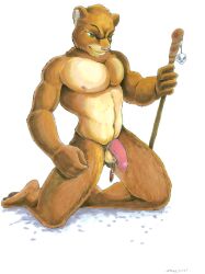 1boy 2004 anthro ayame_emaya bear flaccid flaccid_penis furry genital_piercing genitals male nipples on_knees penis solo solo_male staff testicles ursid ursine