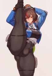 1futa 1girls ai_generated altra_x big_ass black_gloves black_hair bulge bulge_through_clothing futanari legs_up multicolored_hair pants police_uniform ponytail red_eyes red_hair standing_on_one_leg standing_split stretching zenless_zone_zero zhu_yuan