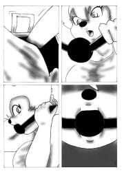 animate_inanimate asphyxiation ball_gag black_and_white choking comic comic_page gag gagged latex latex_hood living_clothes living_latex no_text peg_pete roxanne_(goof_troop) tagme