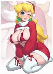 1girls bikini blonde_hair blue_eyes blush breasts christmas christmas_headwear christmas_outfit cleavage female female_focus female_only huge_breasts light-skinned_female light_skin looking_at_viwer mario_(series) nintendo one_eye_closed princess_peach red_bikini rizdraws santa_hat simple_background skindentation smiling smiling_at_viewer solo source_request thick_lips thick_thighs thighhighs wink winking_at_viewer year_request