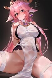 animal_ears bare_shoulders blush breasts covered_navel earrings female foolish_potato fox_ears genshin_impact hair_between_eyes hair_ornament japanese_clothes jewelry large_breasts long_hair long_sleeves looking_at_viewer navel pink_hair purple_eyes pussy see-through solo_female thick_thighs thighs very_long_hair yae_miko