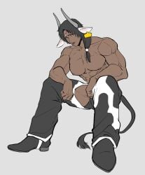 assless_chaps black_hair chaps circlet cow_boy cow_ears cow_horns cow_print cow_tail dark-skinned_male dark_skin ear_tag full_body gaolang_wongsawat horns kemonomimi kengan_(series) kengan_ashura long_hair long_hair_male looking_at_viewer low-tied_long_hair low_ponytail mahuri male male_only muscular muscular_male ponytail sitting solo stirrup_legwear tied_hair topless topless_male