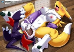 anthro bbmbbf digihentai digimon fluids fox impmon masturbation medium_breasts orgasm palcomix payoff premium_image renamon