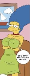 big_breasts blue_hair green_dress marge_simpson married_woman milf naughty_face no_bra_under_clothes simpsons small_dress small_waist smiling the_simpsons wife yellow_body yellow_skin