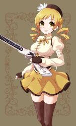 1girls arms beret blonde_hair boots drill_hair female female_only flower flower_in_hair happy human human_only legs magical_girl magical_musket mahou_shoujo_madoka_magica musket smile solo solo_female tomoe_mami weapon yellow_eyes zwei_(santanawamuujojo)