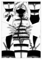 animate_inanimate asphyxiation black_and_white bondage choker choking comic comic_page crotch_rope crying gag gagged living_clothes living_latex no_text roxanne_(goof_troop) tagme tearing_up tears