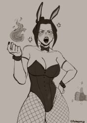 alternate_costume angry annoyed artist_name avatar_the_last_airbender azula blush bunny_ears bunny_girl bunnysuit cleavage clothing fire firebending large_breasts sketch sketch_page thumbs_up titobeansz unseen_character vein veiny