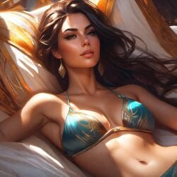 ai_generated bikini blue_clothing brown_hair earrings gold_bikini persian_female