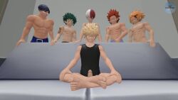 clothing couch denki_kaminari eijirou_kirishima gay izuku_midoriya katsuki_bakugou legs_crossed meme_reference multiple_boys my_hero_academia no_sex rayaoisfm scars semi_nude sfm shouto_todoroki sitting_on_couch smiling smiling_at_viewer sofa staring_at_another tenya_iida yaoi