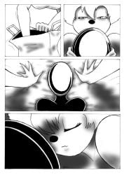 animate_inanimate asphyxiation black_and_white choking comic comic_page gag gagged latex latex_hood living_clothes living_latex no_text peg_pete roxanne_(goof_troop) tagme yuri