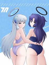 2girls ass ass_focus back back_view backboob blue_archive blue_eyes blue_hair competition_swimsuit dat_ass duo female female_only halo hand_on_another's_hip hi_res highres konanexe light-skinned_female light_skin long_hair looking_at_viewer looking_back millennium_science_school_logo_(blue_archive) millennium_science_school_student noa_(blue_archive) school_swimsuit seminar_(blue_archive) swimsuit thick_thighs thighs white_hair wide_hips yuuka_(blue_archive)