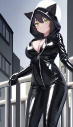 1girls ai_generated anime_style batman_(series) big_breasts black_hair black_suit bodysuit catwoman cleavage coon8384 dc dc_comics elastic female female_only green_eyes hood_up revealing_clothes solo