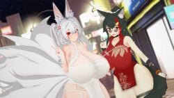 2girls 3d 3d_(artwork) alternate_hairstyle black_choker black_hair china_dress chinese_clothes city curvaceous curvy curvy_female festival forehead_mark fox_ears fox_girl fox_tail fox_tails garter_belt gigantic_breasts glasses gloves hair_ornament hololive hololive_japan huge_breasts kitsune koikatsu milf multicolored_hair nijisanji nijisanji_en nina_kosaka ookami_mio outdoors qipao red_dress red_eyeliner red_eyes red_eyeshadow thick_thighs twintails virtual_youtuber vtuber white_dress white_hair wide_hips wolf_ears wolf_girl wolf_tail yellow_eyes