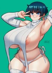 1girls big_breasts blue_eyes breasts busty curvaceous curvy curvy_body curvy_female curvy_figure female huge_breasts large_breasts mai_(mai_munah) mai_munah nipples original original_character peace_sign short_hair smile smiling virgin_destroyer_sweater virgin_killer_sweater voluptuous wide_hips