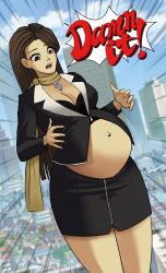 1girls almeram02 belly big_belly big_breasts breasts brown_hair cleavage female female_only gyakuten_saiban mia_fey pregnant solo_female text