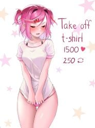 1girls both_eyes_closed closed_eyes doki_doki_literature_club english_text female_only hair_intakes heart_icon machulanko natsuki_(doki_doki_literature_club) number numbers panties pink_hair pink_panties pulling_shirt_down retweet_icon solo solo_female stars strip_game text