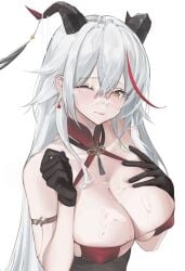 absurdres aegir_(azur_lane) aegir_(golden_dragon_among_auspicious_clouds)_(azur_lane) azur_lane black_gloves black_horns breasts cleavage closed_mouth commentary cum cum_on_body cum_on_breasts cum_on_hair earrings facial female gloves hair_between_eyes hand_on_own_chest highres horns jewelry kongbai_(sandpc) large_breasts long_hair looking_at_viewer multicolored_hair official_alternate_costume one_eye_closed red_hair simple_background solo streaked_hair upper_body white_background white_hair yellow_eyes