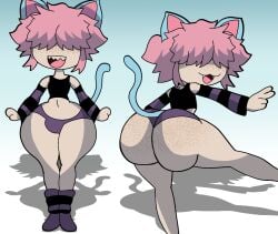 big_thighs cat_ears cat_tail chibi fangs furu_flami furu_ice humanoid male_only neko no_humans non-human non-human_only peace_sign shortstack