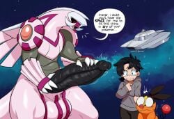 2025 absurd_res ai_generated anthro balls big_balls big_penis blush bodily_fluids clothed clothing dialogue duo english_text erection generation_5_pokemon genitals group hair hellsonger hi_res holding_penis hoodie huge_cock human humanoid_genitalia humanoid_penis imminent_sex legendary_pokemon long_penis male male/male mammal nervous nervous_smile night nintendo outside palkia penis pokemon pokemon_(species) red_eyes sky speech_bubble starry_sky sweat tepig text throbbing topwear vein