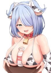 1girls bare_shoulders belt_collar big_breasts blue_hair cleavage cow_bell cow_bikini cow_bra cow_ears cow_horns cow_print cow_print_armwear cowbell elira_pendora exposed_shoulders fangs hair_covering_eye hair_over_one_eye hair_wings head_wings milk mole mole_on_breast nijisanji nijisanji_en object_between_breasts one_eye_covered one_eye_obstructed short_hair sleepypudding solo solo_female solo_focus virtual_youtuber white_background