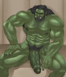 balls bara big_balls big_penis boner devince erection green_skin huge_cock male male_only muscles muscular nose_piercing nose_ring orc penis sitting solo solo_male spread_legs tusks