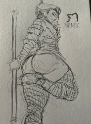 1boy 1femboy armor armored_femboy caked_up dat_ass dumptruck_ass fat_ass femboy fishnets for_honor holding_weapon humble_shark large_ass leg_up looking_at_viewer nobushi rule_63 side_view sketch smiling_at_viewer stockings traditional_media_(artwork)