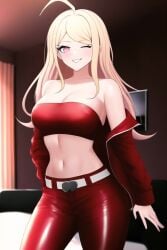 ahoge ai_generated akamatsu_kaede bare_shoulders belt big_breasts blonde_hair cleavage collarbone danganronpa danganronpa_v3 female heart-shaped_buckle jacket latex long_hair looking_at_viewer midriff nai_diffusion off_shoulder one_eye_closed pants pink_eyes red_jacket red_pants smile solo stable_diffusion strapless teasing wink