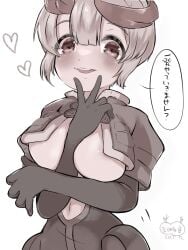 areola_slip arm_between_breasts arm_under_breasts blush bodysuit cropped_jacket ebitoma female female_only fur_trim gloves jumpsuit looking_at_viewer made_in_abyss medium_breasts no_bra restricted_palette short_hair smile solo speech_bubble tepasté two_tone_hair underboob v