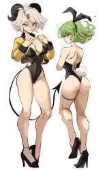 2girls ass big_breasts breasts bunny_ears bunny_girl bunnysuit curly_hair female female_only golden_eyes green_eyes green_hair horns looking_at_viewer looking_back multiple_girls one-punch_man oni_horns original pointy_ears rakeemspoon susan_(rakeemspoon) tatsumaki