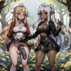 1girls ai_coomer ai_generated ai_hands assisted_exposure balls big_penis big_penis_in_chastity blonde_hair blush blush caged_cock dark-skinned_female dark_elf elf elf_ears elf_female elf_futanari embarrassed embarrassed_nude_futa female flaccid forest futanari futanari gray_hair green_eyes half-erect holding_key holding_object key large_penis light-skinned_futanari light_skin long_hair looking_at_viewer medium_breasts open_mouth outdoors outside penis pointy_ears purple_eyes self_upload silver_hair skirt skirt_lift skirt_lifted_by_another smile smug stable_diffusion standing sweat testicles