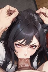 1boy 1girls ai_generated angry angry_face black_hair blowjob blowjob_face hair huesosdry kenonomimi long_hair marie_(huesosdry) penis pov red_eyes tagme