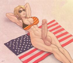 1futa 2022 34-san abs american_flag arms_behind_head arms_up balls beach big_breasts big_penis bikini blonde_hair bottomless breasts clothed clothing erection flag futa_only futanari gisa_eiffel human light-skinned_futanari light_skin mole mostly_nude on_back paid_reward penis short_hair solo solo_futa source_request sunglasses tinted_eyewear toned