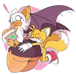 1boy 1girls ass_biting biting biting_ass exposed_torso female footwear handwear huge_ass male miles_prower office_lady rouge_the_bat sideboob sonic_(series) sonic_the_hedgehog_(series) surprised tail_grab tails tails_the_fox velveticicle