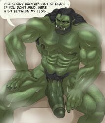 balls bara big_balls big_penis boner devince erection green_skin huge_cock male male_only massive_penis muscles muscular musk nose_piercing nose_ring orc penis sitting solo solo_male speech_bubble spread_legs sweaty tusks verbal verbal_domination