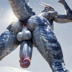 1boy ai_generated anthro anus ass balls big_penis digital_media_(artwork) dragon gay horn huge_cock long_penis male male_only muscular muscular_anthro muscular_male penis rear_view reptile scales scalie silver_scales solo tail thick_penis